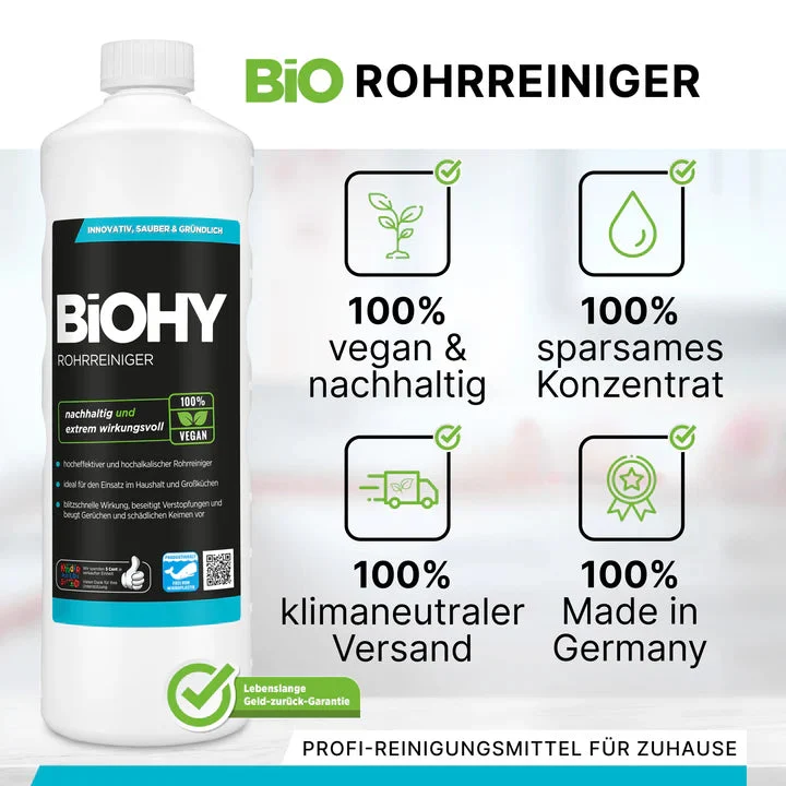BiOHY déboucheur de tuyaux, déboucheur de canalisations, produit sans matières premières, concentré professionnel 1L
