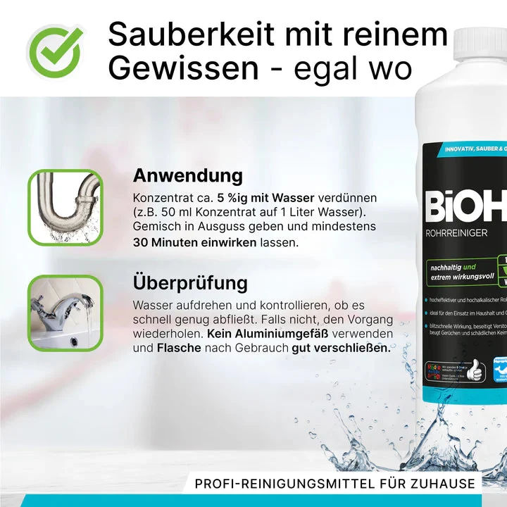 BiOHY déboucheur de tuyaux, déboucheur de canalisations, produit sans matières premières, concentré professionnel 1L