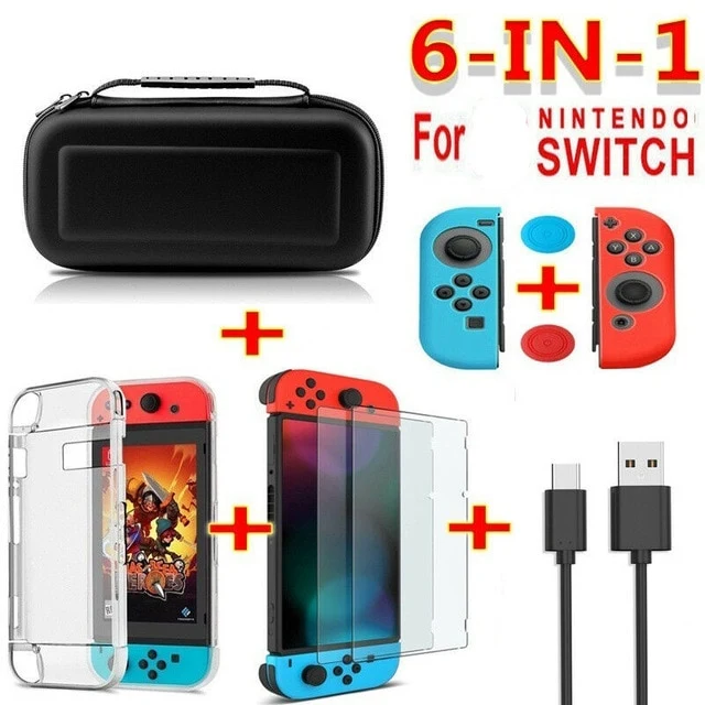 6 in 1 game accessory set Black red blue For Nintend Switch Travel Carrying Bag Screen Protector Case Charging Cable