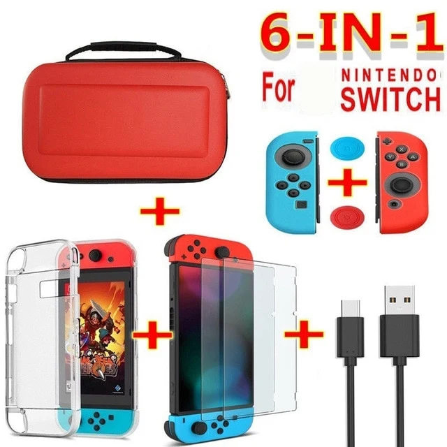 6 in 1 game accessory set Black red blue For Nintend Switch Travel Carrying Bag Screen Protector Case Charging Cable