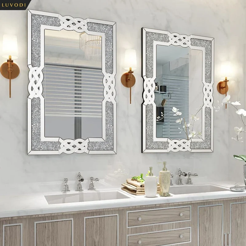 LUVODI Wall Decorative Mirror Silver Crystal Crush Glass Mirror for Living Room/Bed/Dining Room/Bath Room Decor