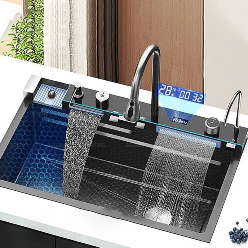 Multifunctional Kitchen Waterfall Sink Digital Display Large Single Gray Sink Dish Basin Sink 304 Stainless Steel