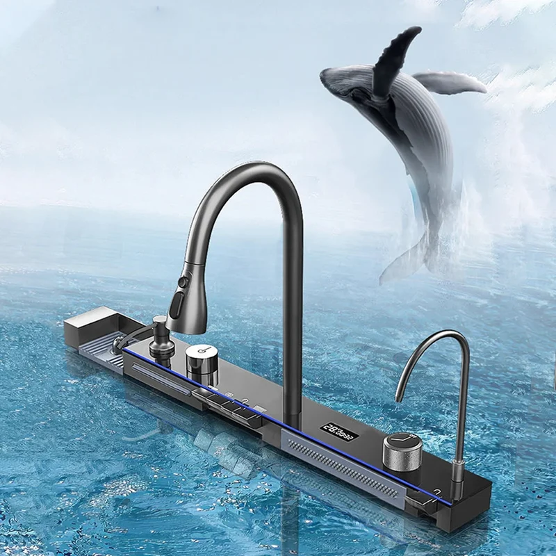 Multifunctional Kitchen Waterfall Sink Digital Display Large Single Gray Sink Dish Basin Sink 304 Stainless Steel