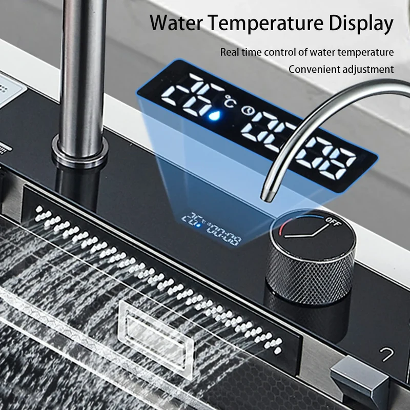 Multifunctional Kitchen Waterfall Sink Digital Display Large Single Gray Sink Dish Basin Sink 304 Stainless Steel