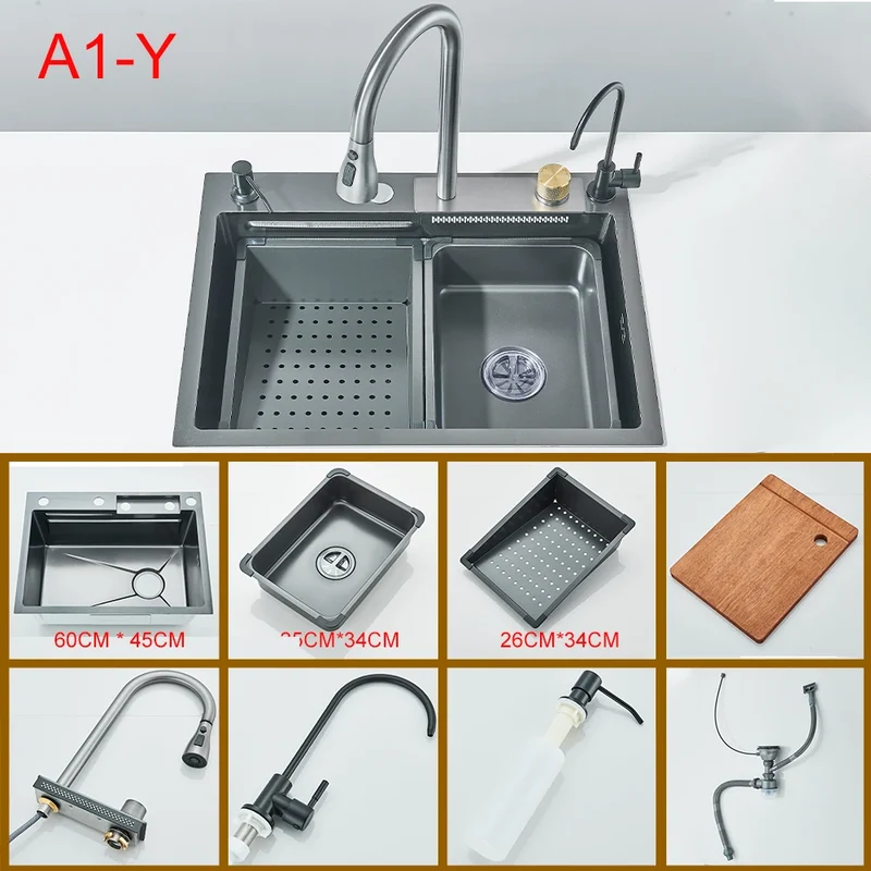 Multifunctional Kitchen Waterfall Sink Digital Display Large Single Gray Sink Dish Basin Sink 304 Stainless Steel