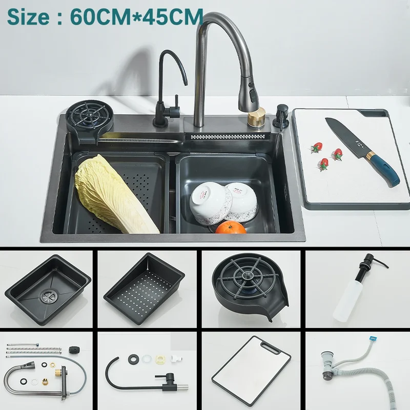 Multifunctional Kitchen Waterfall Sink Digital Display Large Single Gray Sink Dish Basin Sink 304 Stainless Steel