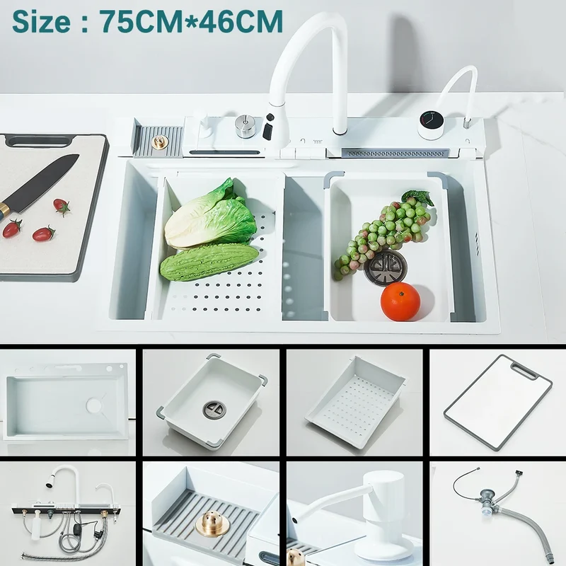 Multifunctional Kitchen Waterfall Sink Digital Display Large Single Gray Sink Dish Basin Sink 304 Stainless Steel