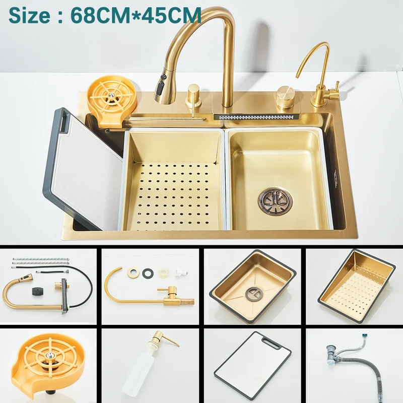Multifunctional Kitchen Waterfall Sink Digital Display Large Single Gray Sink Dish Basin Sink 304 Stainless Steel