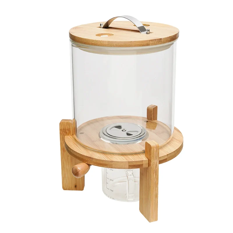 Rice Dispenser 5L Glass Food Storge Container for Kitchen Pantry Store, with Airtight Lid, Measuring Cup and Wooden Stand