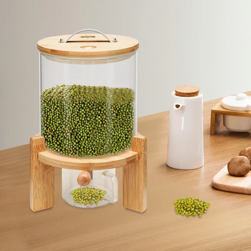Rice Dispenser 5L Glass Food Storge Container for Kitchen Pantry Store, with Airtight Lid, Measuring Cup and Wooden Stand