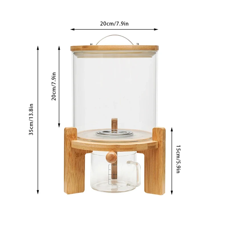 Rice Dispenser 5L Glass Food Storge Container for Kitchen Pantry Store, with Airtight Lid, Measuring Cup and Wooden Stand