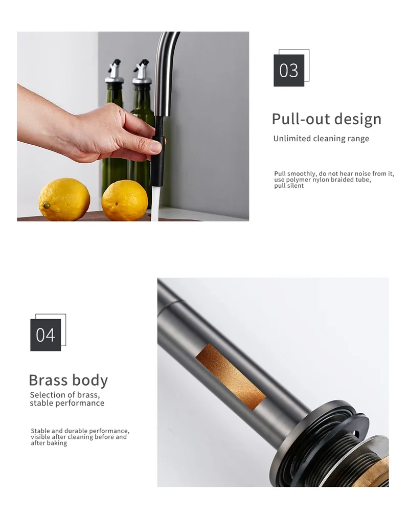 Pull Down Kitchen Sink Faucet Brushed Gunmetal Black Single Handle Double Hole Hot And Cold Sprayer Brass Countertop Mounted