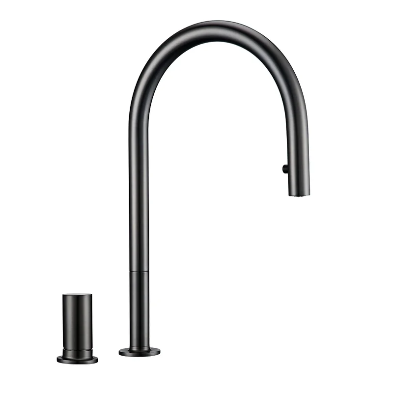 Pull Down Kitchen Sink Faucet Brushed Gunmetal Black Single Handle Double Hole Hot And Cold Sprayer Brass Countertop Mounted