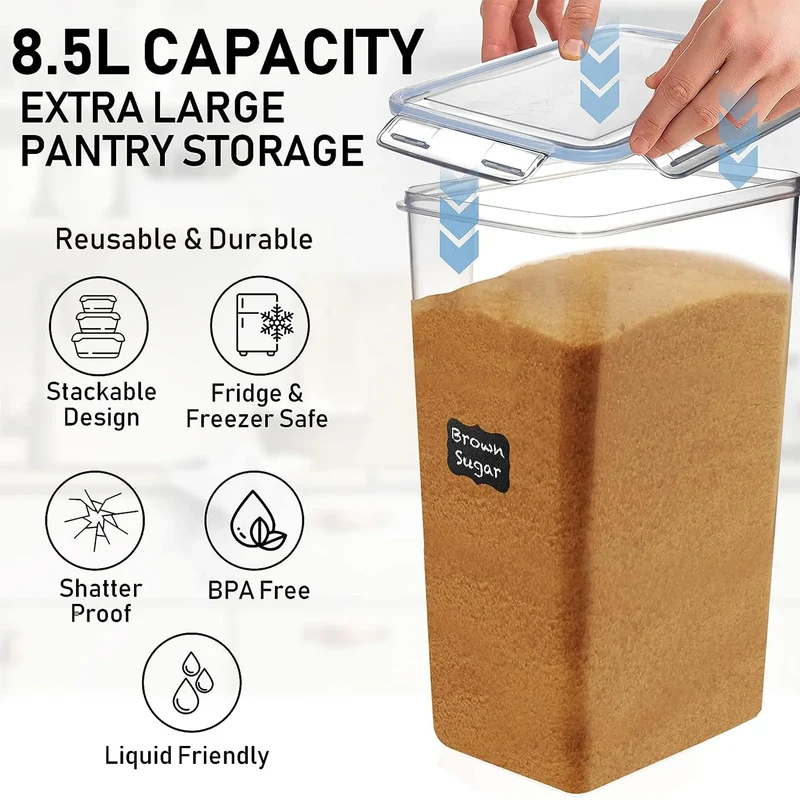 2Pcs 8.5L Large Food Storage Containers With Lids Airtight Pantry Organization Labels for Kitchen Flour Sugar Rice Cereal Pasta