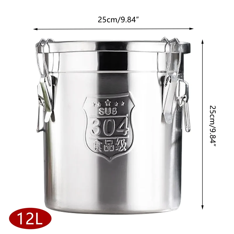 6L/12L Food Storage Bucket，Household Kitchen 304 Stainless Steel Bean Cereal Rice Container Airtight Canister Pail with Lid