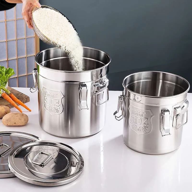 6L/12L Food Storage Bucket，Household Kitchen 304 Stainless Steel Bean Cereal Rice Container Airtight Canister Pail with Lid