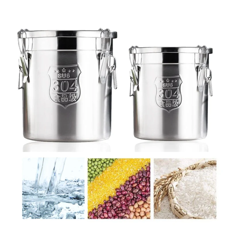 6L/12L Food Storage Bucket，Household Kitchen 304 Stainless Steel Bean Cereal Rice Container Airtight Canister Pail with Lid