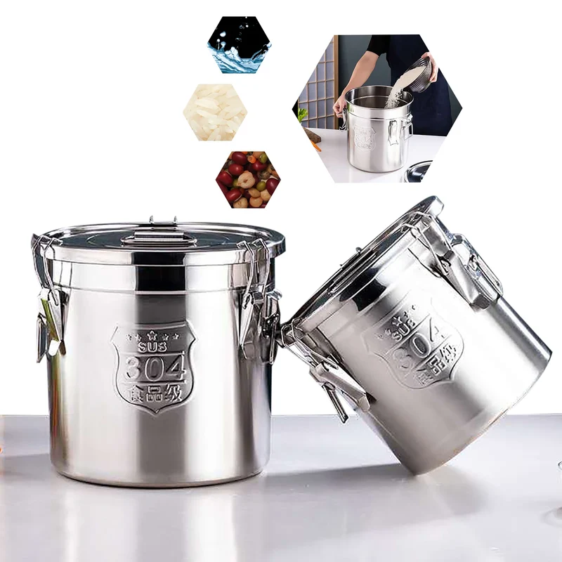 6L/12L Food Storage Bucket，Household Kitchen 304 Stainless Steel Bean Cereal Rice Container Airtight Canister Pail with Lid
