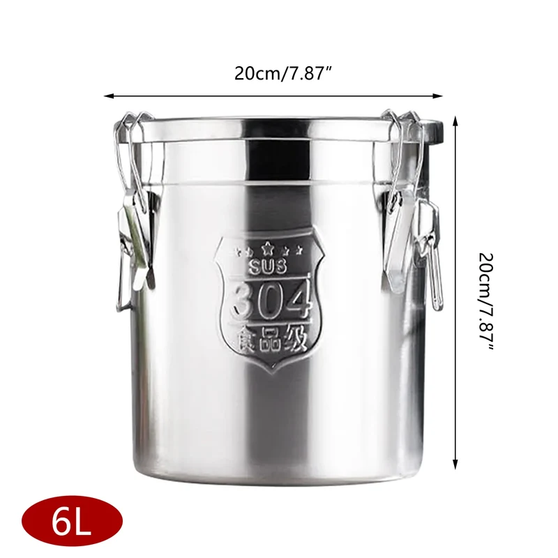 6L/12L Food Storage Bucket，Household Kitchen 304 Stainless Steel Bean Cereal Rice Container Airtight Canister Pail with Lid