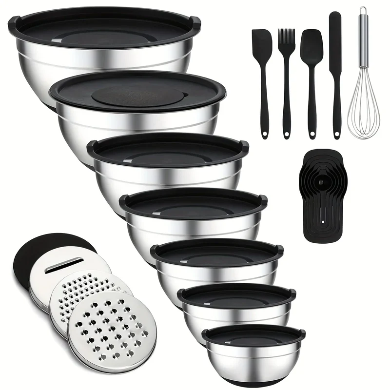 16PCS Complete Salad Tools Set 7 Stainless Steel Mixing Bowls with Lids 3 Graters 6 Spoons 5 Kitchen Accessories