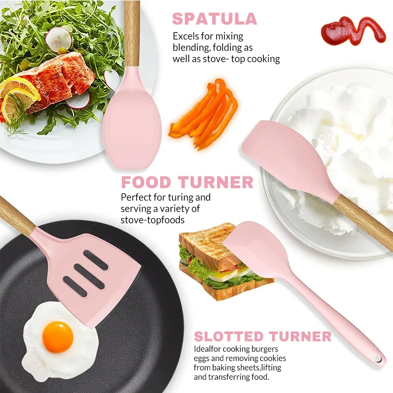 Silicone Cookware Set 12pcs Kitchen Utensil Wooden Handle Non-stick Spatula Shovel Spoon Kitchen Cooking Specialty Tools