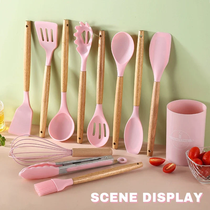 Silicone Cookware Set 12pcs Kitchen Utensil Wooden Handle Non-stick Spatula Shovel Spoon Kitchen Cooking Specialty Tools