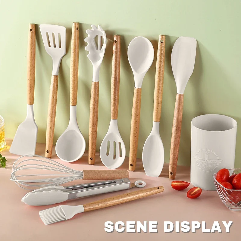 Silicone Cookware Set 12pcs Kitchen Utensil Wooden Handle Non-stick Spatula Shovel Spoon Kitchen Cooking Specialty Tools