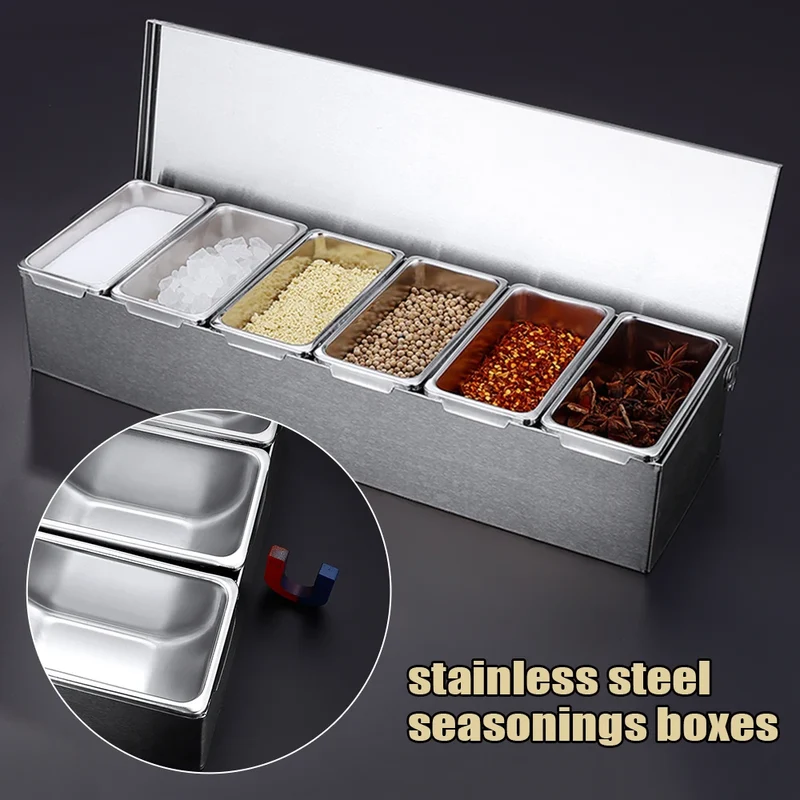 Ingredient Container With 6 Grids Kitchen Spice Box Set With Lid Stainless Steel Spice Container Fruit Box Food Container