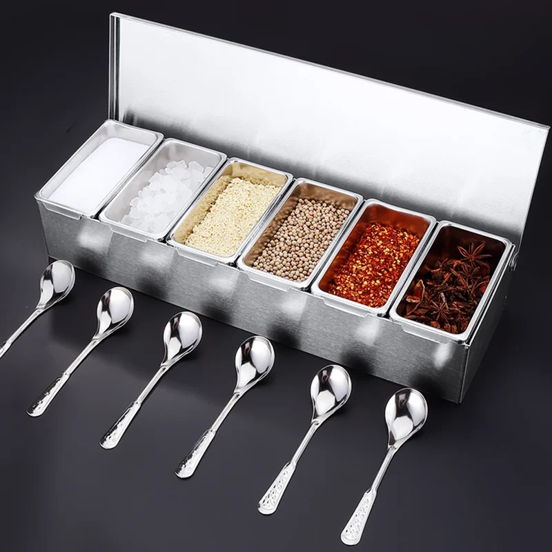 Ingredient Container With 6 Grids Kitchen Spice Box Set With Lid Stainless Steel Spice Container Fruit Box Food Container