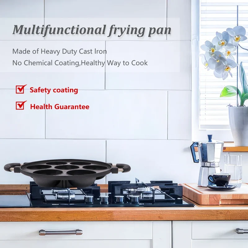 7 Hole Cooking Cake Pan Cast Iron Omelette Pan Non-Stick Cooking Pot Breakfast Egg Cooker Cake Mold Kitchen Cookware Home
