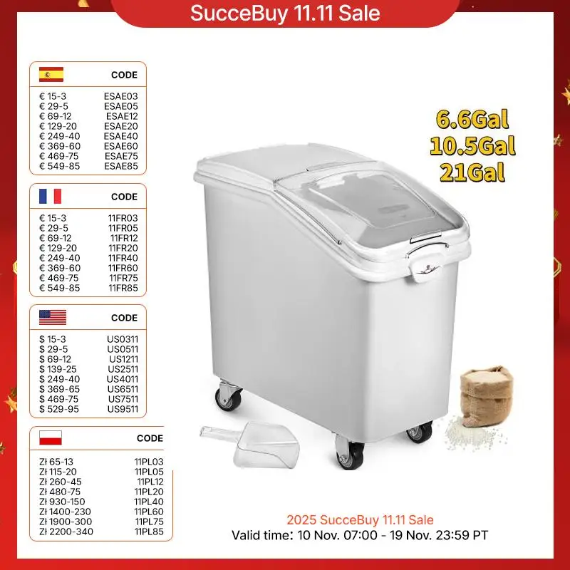 SucceBuy 6.6Gal-21Gal Kitchen Ingredient Storage Bin W/ Wheel & Scoop for Commercial Home Storing Rice Flour Corn Soybean