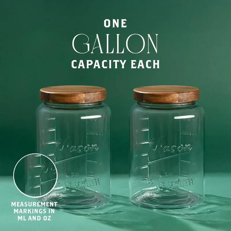 1 Gallon Glass Mason Jar with Airtight Wooden Lid, Wide Mouth Large Food Storage Container with Measurement Markings For Kitchen