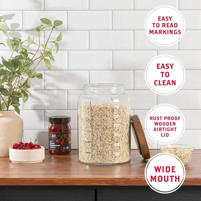 1 Gallon Glass Mason Jar with Airtight Wooden Lid, Wide Mouth Large Food Storage Container with Measurement Markings For Kitchen