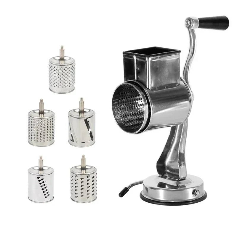 Rotary Grater Food Mills Grinder Set With 5 Drum Manual Rotary Vegetable Slicer Cutter Stainless Steel Kitchen Grater