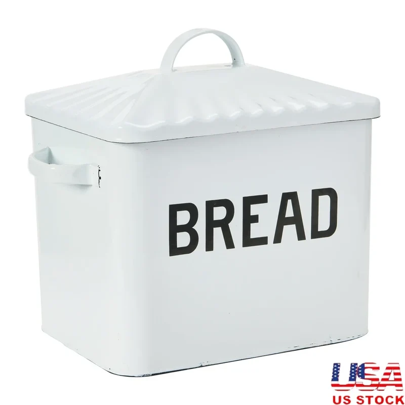 Vintage Enameled Metal Bread Box with Lid Farmhouse Style Kitchen Storage Food Safe Rustic Decor 13.5x8.5x12 Inches