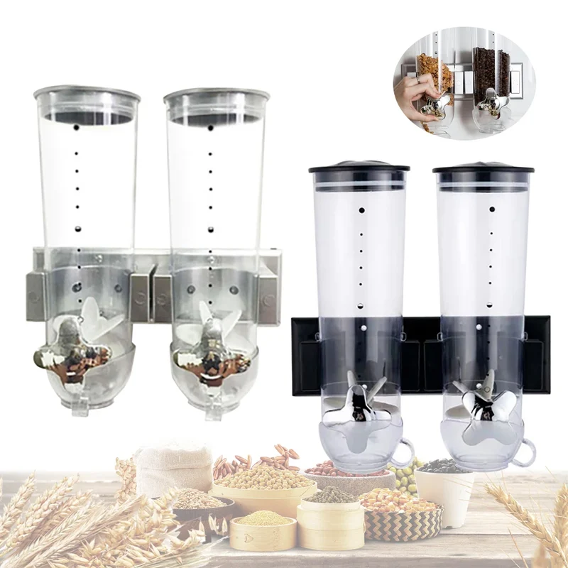 Cereal Dispenser 2Pcs Wall Mount Dry Food Container Storage For Nuts Coffee Beans Kitchen Storage Case Rice Grain Silver/Black