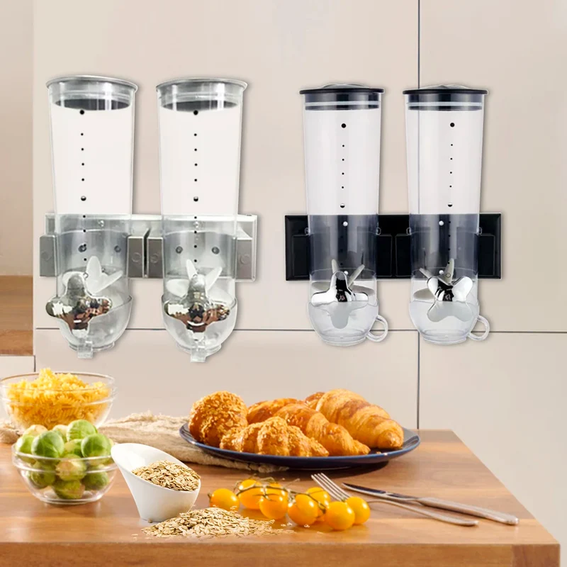 Cereal Dispenser 2Pcs Wall Mount Dry Food Container Storage For Nuts Coffee Beans Kitchen Storage Case Rice Grain Silver/Black