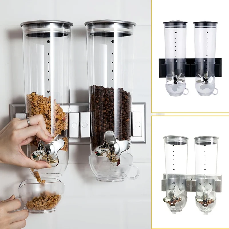 Cereal Dispenser 2Pcs Wall Mount Dry Food Container Storage For Nuts Coffee Beans Kitchen Storage Case Rice Grain Silver/Black