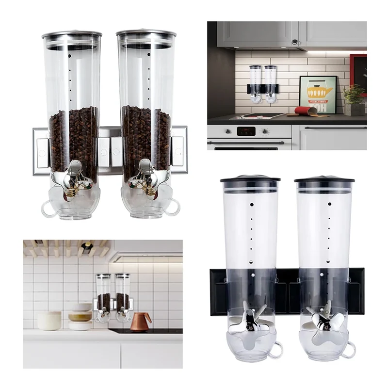 Cereal Dispenser 2Pcs Wall Mount Dry Food Container Storage For Nuts Coffee Beans Kitchen Storage Case Rice Grain Silver/Black