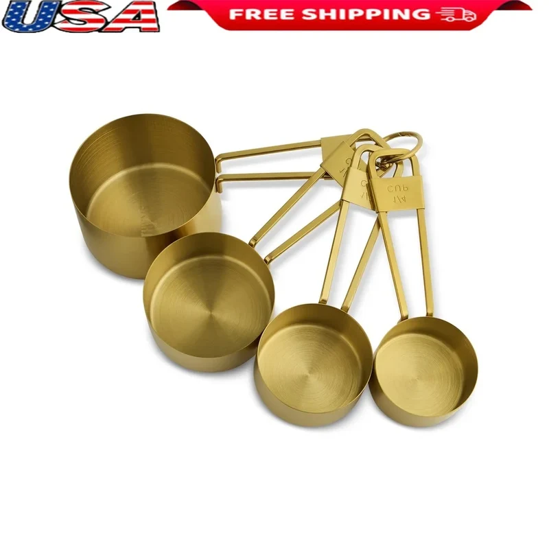 Gold Stainless Steel Measuring Cups Set 4 Piece Nesting Measuring Tools Kitchen Cooking Baking Essential Durable Hand Wash