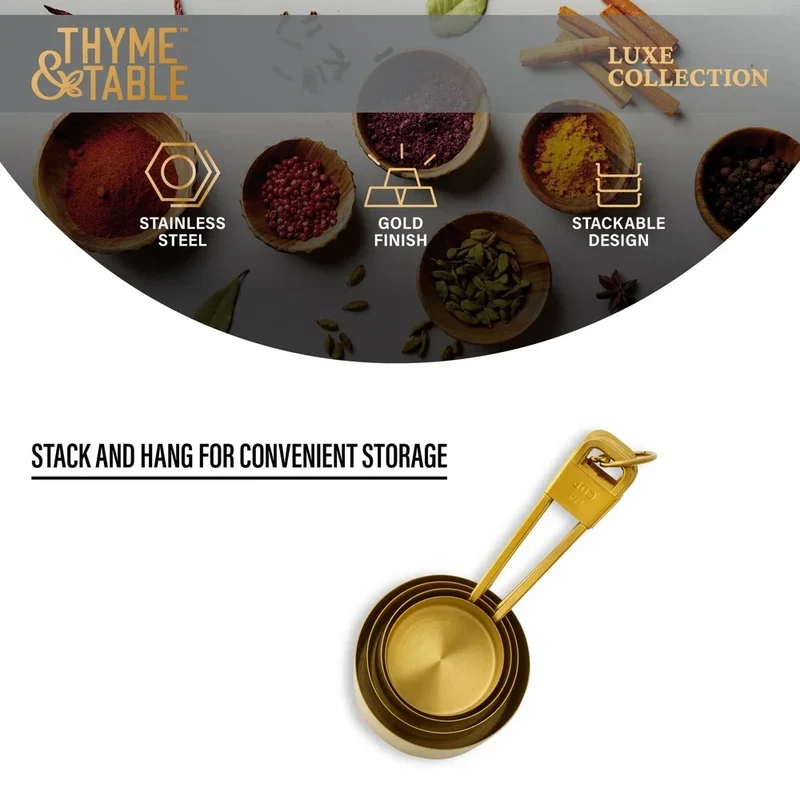 Gold Stainless Steel Measuring Cups Set 4 Piece Nesting Measuring Tools Kitchen Cooking Baking Essential Durable Hand Wash