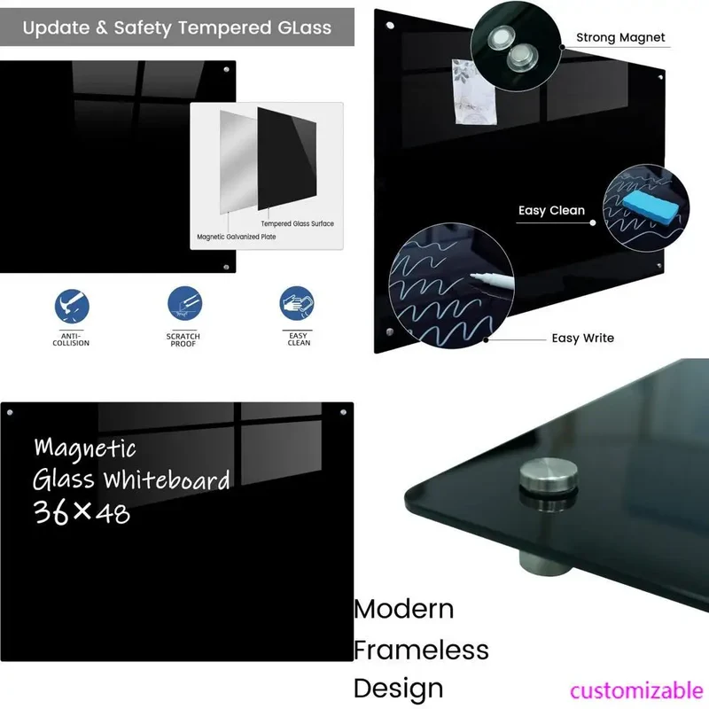 48x36 Inch Frameless Magnetic Glass Dry Erase Board for Wall Mounting