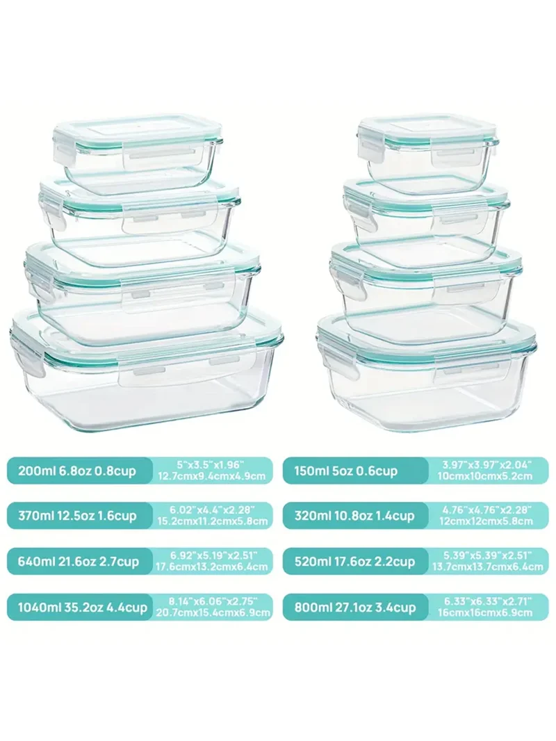 8pcs/glass meal dispenser lunch bento box with leak-proof lid for food storage Portable stackable design Easy to clean and store