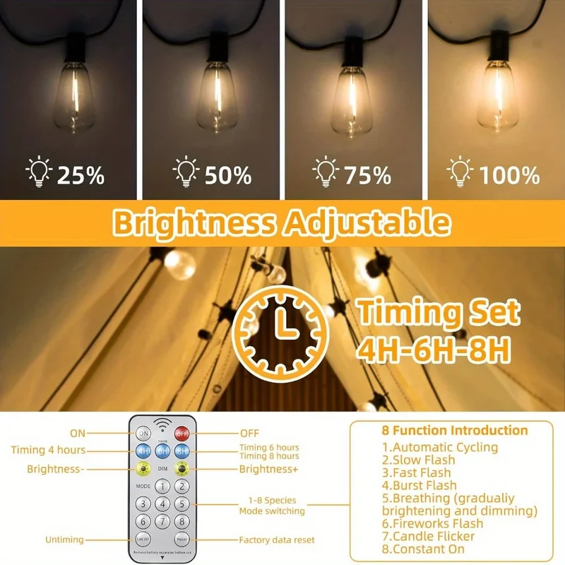 WUZHISHANG Solar-Powered Outdoor Globe String Lights Dimmable LEDs Remote Control