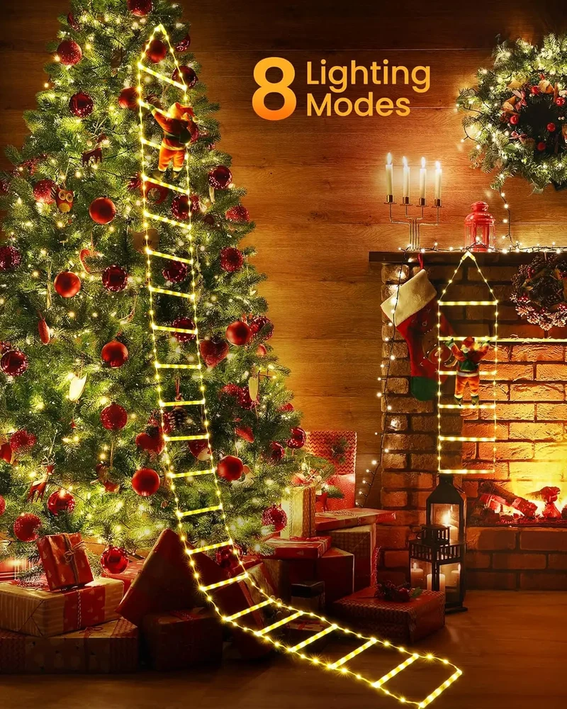 XMSJ Christmas LED Ladder Lights With Climbing Santa OutdoorDecorations EightModes