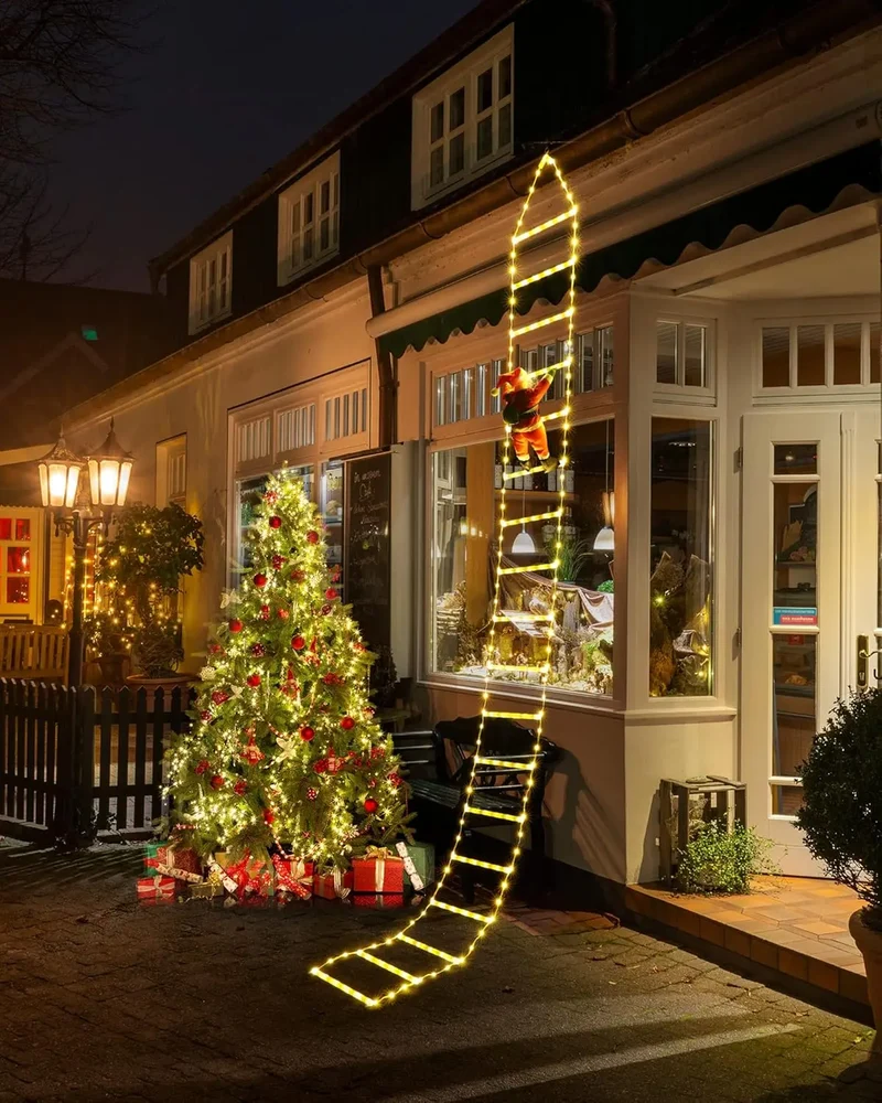 XMSJ Christmas LED Ladder Lights With Climbing Santa OutdoorDecorations EightModes