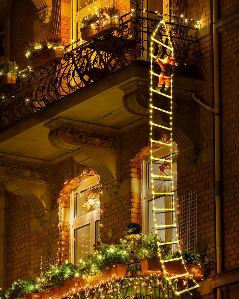 XMSJ Christmas LED Ladder Lights With Climbing Santa OutdoorDecorations EightModes