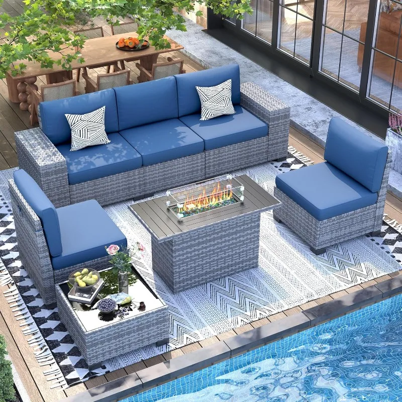 Patio Furnishings Featuring Firepit Table Rattan Exterior Weatherproof Sectional Set