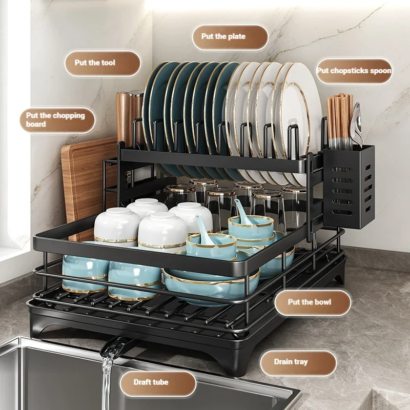 ATMDOG Stainless Steel Dish Drying Rack Adjustable With Over Sink Drainboard And Plate Drainer Storage