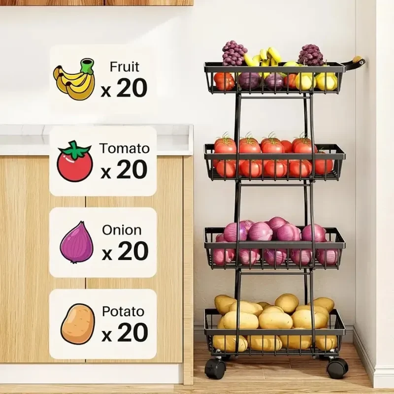 Hign-concerned 4 Tier Stackable Metal Vegetable Storage Rack With Wheels Rotating Corner Kitchen Organizer Basket